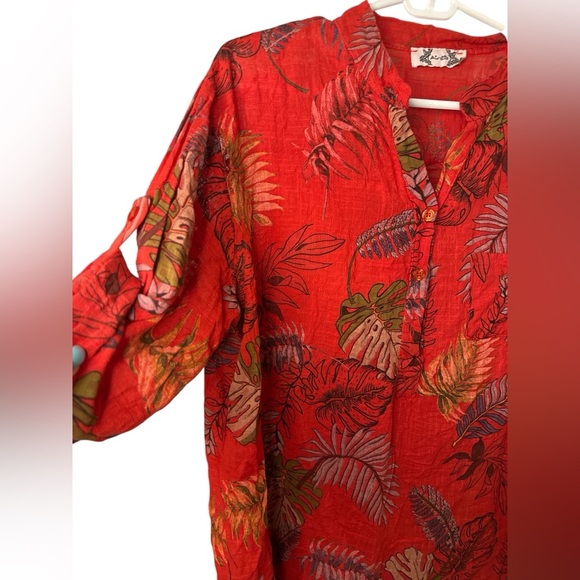 AG 25 Tropical Floral Red cotton Roll Tab Sleeve Button Down - Picture 3 of 10